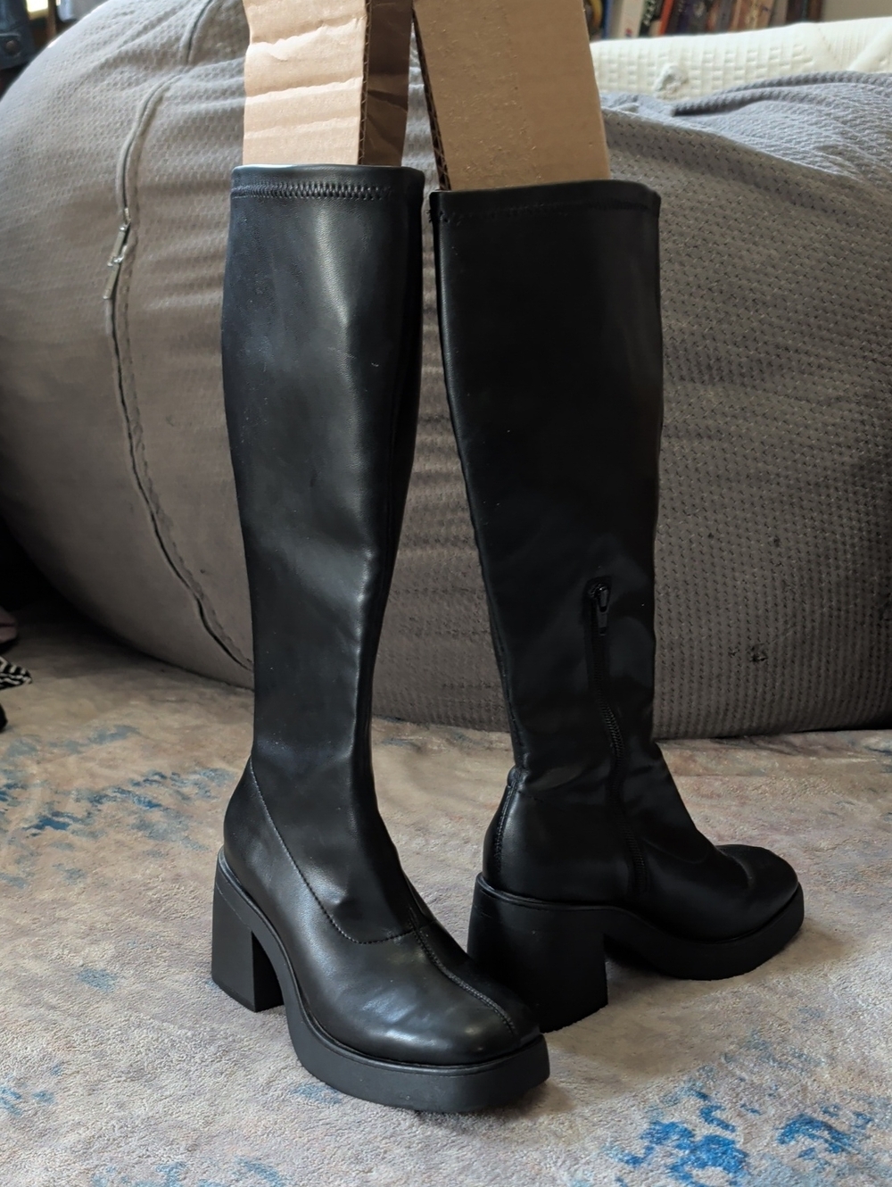 Faux Leather Black Knee High Platform Block Heel Boots Women 6.5 US